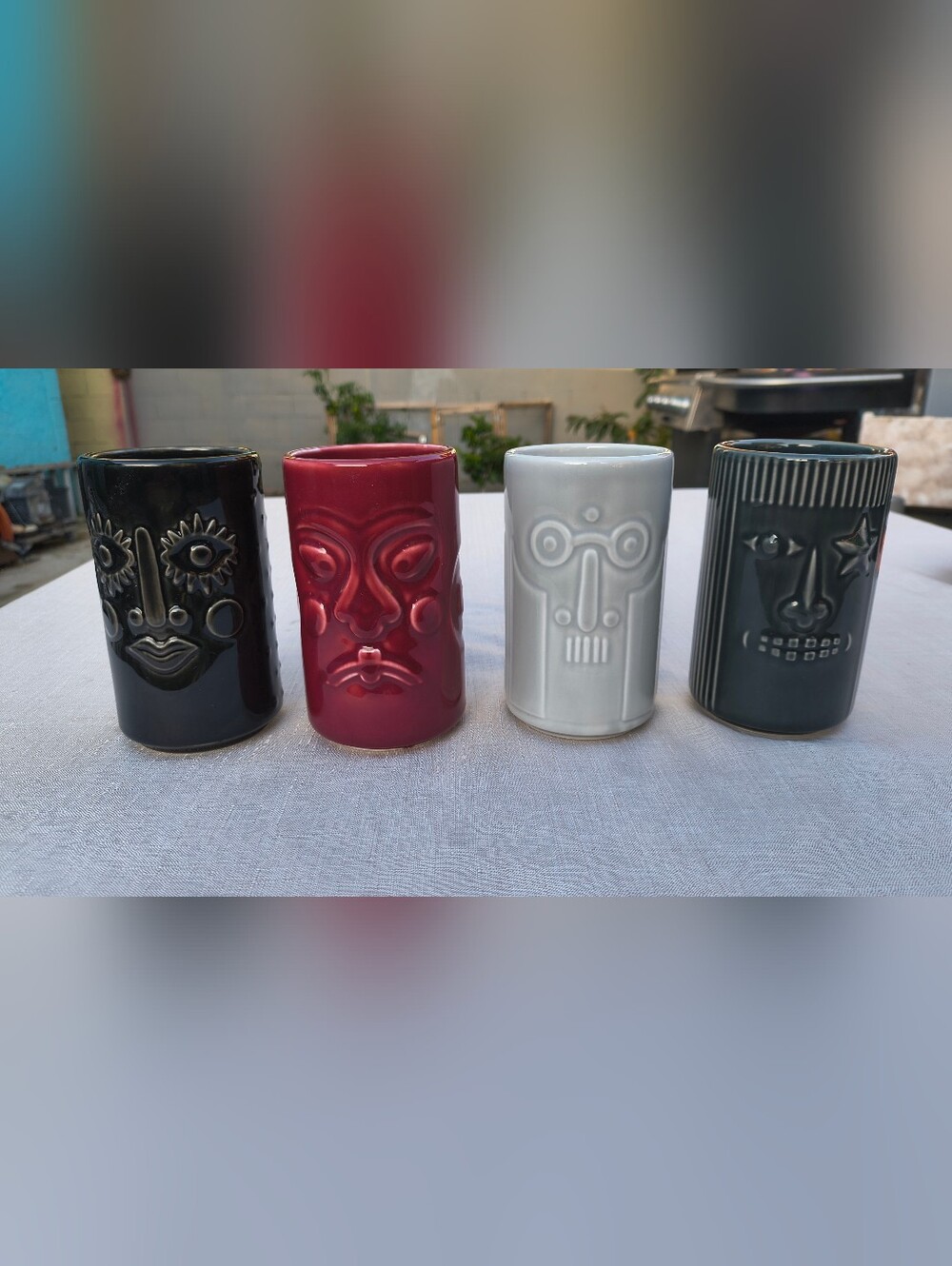 Set of 4 IKEA Sweden Frekvens Collection Tiki Mugs by Maria Vinka